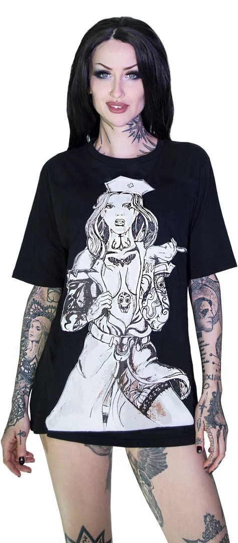 Dr Faust Tattooed Sexy Cursed Nurse Black T-Shirt - Tristan 4 Dr Faust Tattooed Sexy Cursed Nurse Black T-Shirt - Tristan