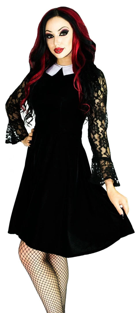 Dr Faust White Collar Long Sleeve Black Velvet Mini Dress - Ayla