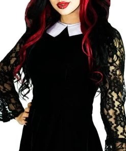 Dr Faust White Collar Long Sleeve Black Velvet Mini Dress - Ayla