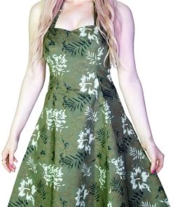 Dr Faust White And Bronze Flowers Green Retro Midi Dress - Laurie DRESSES