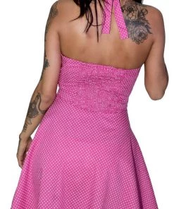 Dr Faust White Polka Dot Bubblegum Pink Vintage Midi Dress - Thalia