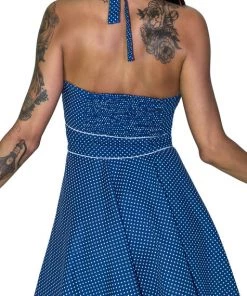 Dr Faust White Polka Dot Cornflower Blue Retro Midi Dress - Sophie DRESSES