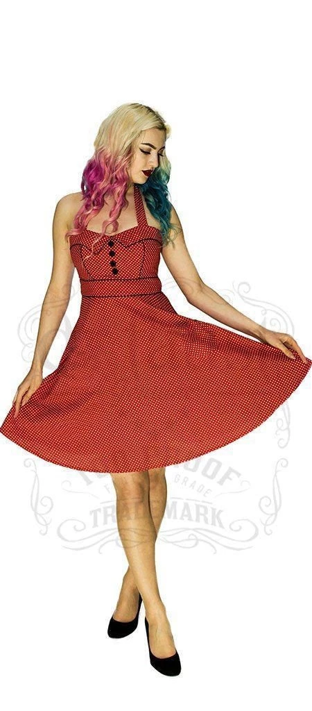 Dr Faust DRESSES White Polka Dot Electric Red Rockabilly Midi Dress - Sophie