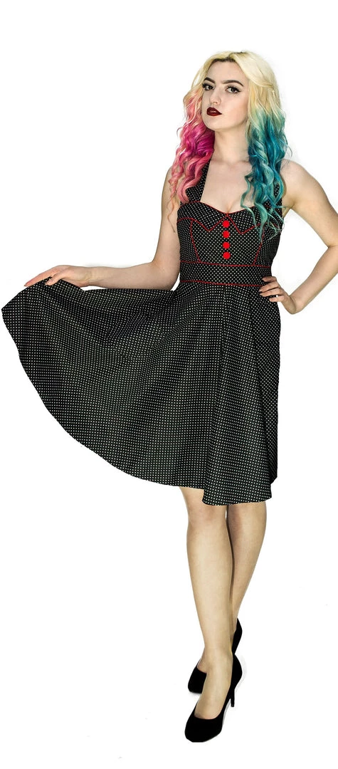 Dr Faust White Polka Dot Space Black Rockabilly Midi Dress - Sophie