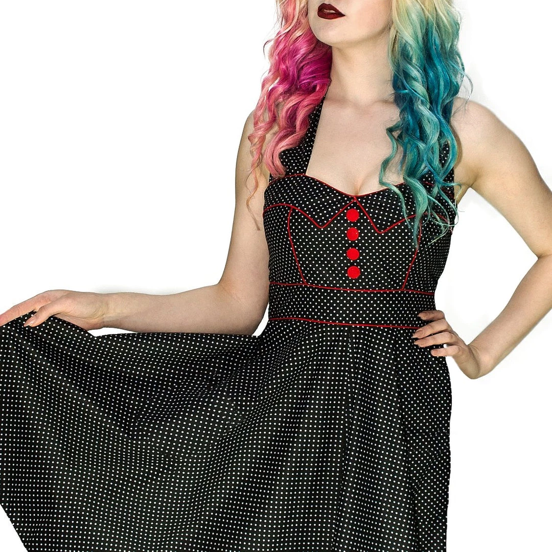 Dr Faust White Polka Dot Space Black Rockabilly Midi Dress - Sophie