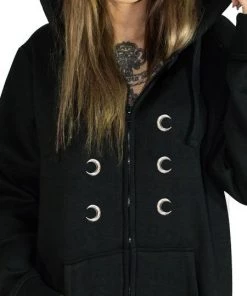 Dr Faust OMEN COLLECTIONNEW Silver Moon Buttons Nu Goth Women's Black Hoodie - Ximena