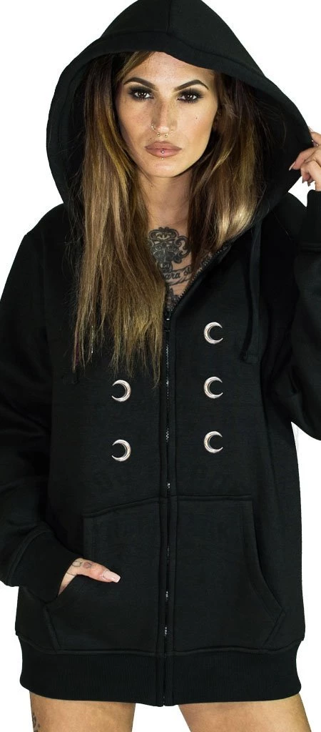 Dr Faust OMEN COLLECTIONNEW Silver Moon Buttons Nu Goth Women's Black Hoodie - Ximena 3 Dr Faust OMEN COLLECTIONNEW Silver Moon Buttons Nu Goth Women's Black Hoodie - Ximena
