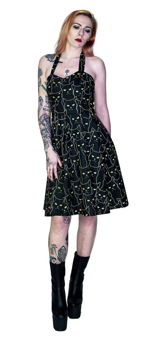 Dr Faust Yellow Evil Cats Black Midi Dress - Katz DRESSES 3 Dr Faust Yellow Evil Cats Black Midi Dress - Katz DRESSES