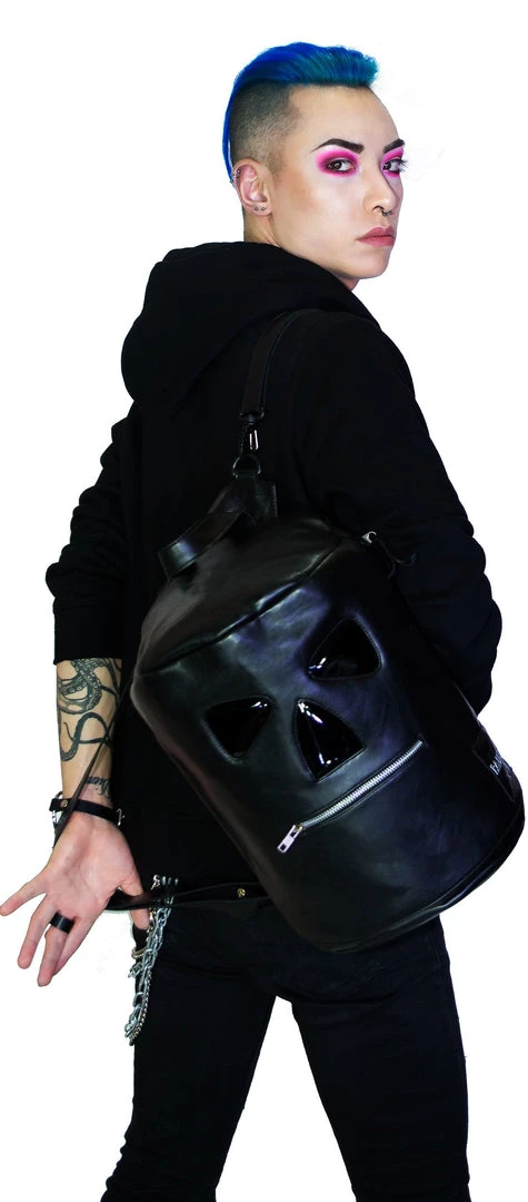 Dr Faust Zipper Head Face Black Vegan Leather Backpack - Corey