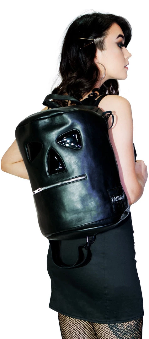 Dr Faust Zipper Head Face Black Vegan Leather Backpack - Corey