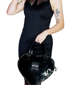 Dr Faust Black Heart Valentine's Vegan Patent Hand Bag - Valentine's ACCESSORIES